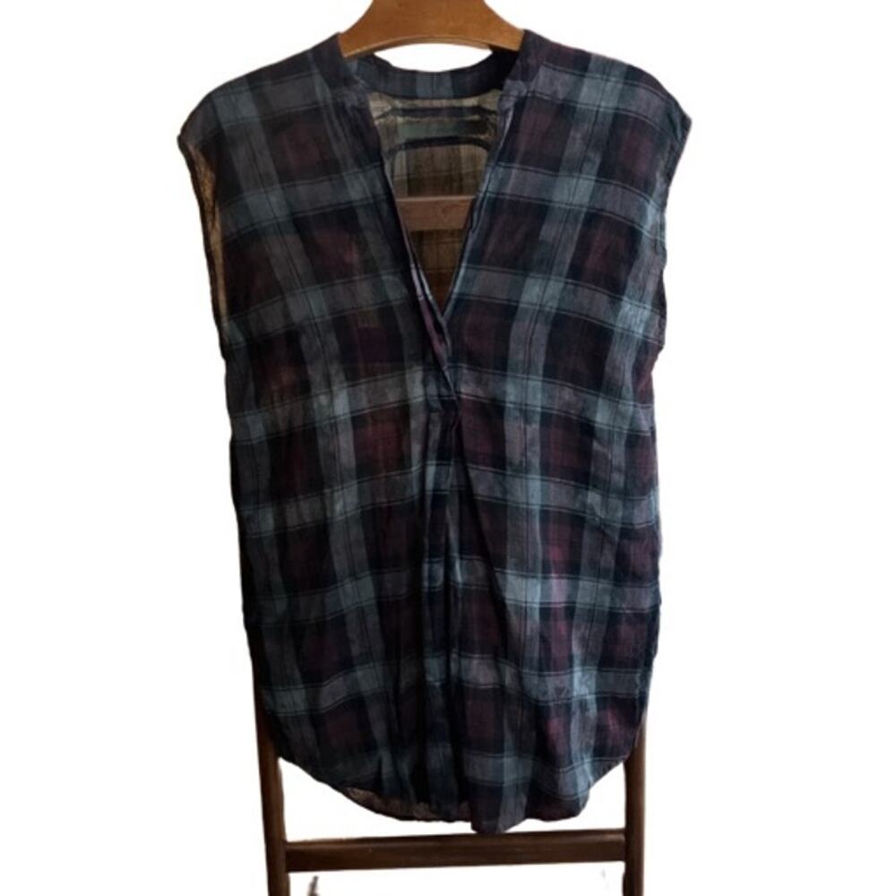 Enza Costa Sz 2, Plaid Purple Gray, Sleevless, Tunic Top, Cotton Blend, V-Neck
